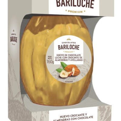 Huevo Bariloche Premium, chocolate leche con crocante con de almendras y avellanas x 160 grs